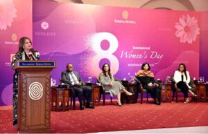 First Lady Begum Samina Alvi cutting cake to mark International Women's Day at an event organized by Serena Hotels