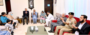 Prime Minister Muhammad Shehbaz Sharif offers condolences to the family of Lt. Colonel Syed Kashif Ali Shaheed at their residence in Chaklala