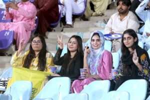 Peshawar Zalmi’s batter Saim Ayub is clean bowled out during the Pakistan Super League (PSL) Twenty20 cricket match plays between Karachi Kings and Peshawar Zalmi at the National Stadium