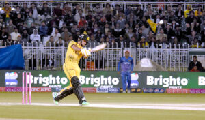 Peshawar Zalmi batter in action during Pakistan Super League (PSL) Twenty20 cricket match playing between Peshawar Zalmi and Multan Sultans at Pindi Stadium