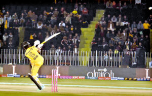 Peshawar Zalmi batter in action during Pakistan Super League (PSL) Twenty20 cricket match playing between Peshawar Zalmi and Multan Sultans at Pindi Stadium