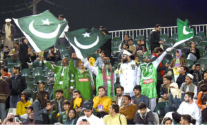 Spectators enjoying Pakistan Super League (PSL) Twenty20 cricket match playing between Peshawar Zalmi and Multan Sultans at Pindi Stadium