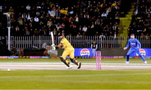 Peshawar Zalmi batter in action during Pakistan Super League (PSL) Twenty20 cricket match playing between Peshawar Zalmi and Multan Sultans at Pindi Stadium