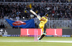 Peshawar Zalmi batter in action during Pakistan Super League (PSL) Twenty20 cricket match playing between Peshawar Zalmi and Multan Sultans at Pindi Stadium