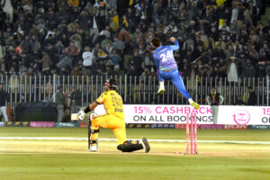 Peshawar Zalmi batter in action during Pakistan Super League (PSL) Twenty20 cricket match playing between Peshawar Zalmi and Multan Sultans at Pindi Stadium