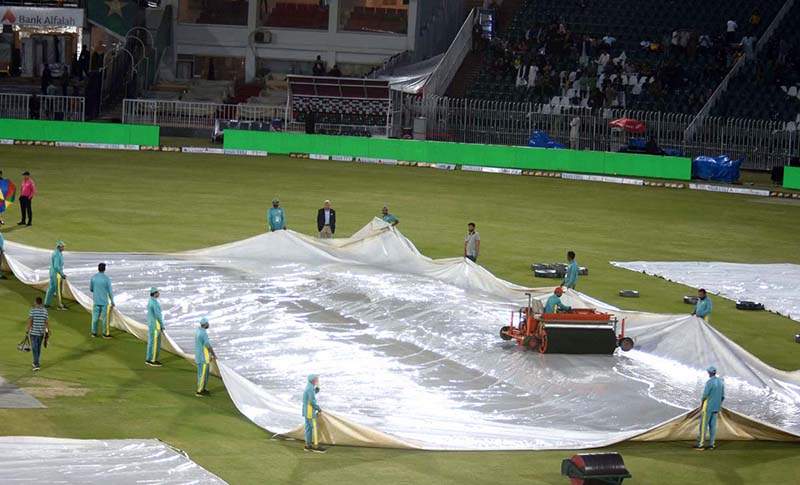 A view of the Pindi Cricket Stadium while in the background dark clouds ...