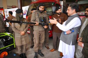 DG Rescue1122 Dr. Muhammad Ayaz Khan and Rescue 1122 officials giving briefing to Secretary Relief Yousaf Raheem regarding latest rescue equipment used in different emergencies at Rescue 1122 Headquarters.