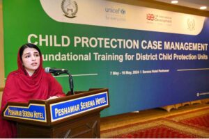 Advisor to the Chief Minister for Social Welfare, Special Education Mashal Yousafzai addressing during the closing ceremony of Child Protection Case Management Foundation Training for District Child Protection Units.