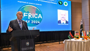 Ambassador of Morocco to Pakistan, Dean of African Corps, Mohamed Karmoune, addressing during the celebration of Africa Day at ICCI Chamber House.