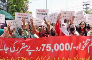 Women from different labour organization participating in rally outside Press Club on the occasion of International Labour Day, as International Labour Day is celebrated on May 1 every year. It’s a day to honor and appreciate the contributions of workers all around the world. This day recognizes the hard work and dedication of people who work in various fields to make our lives better.