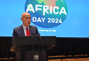 Ambassador of Morocco to Pakistan, Dean of African Corps, Mohamed Karmoune, addressing during the celebration of Africa Day at ICCI Chamber House.