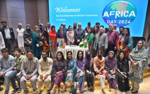 Ambassador of Morocco to Pakistan, Dean of African Corps, Mohamed Karmoune, addressing during the celebration of Africa Day at ICCI Chamber House.