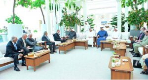 rime Minister Muhammad Shehbaz Sharif and President of UAE H.H Sheikh Muhammad bin Zayed Al Nahyan during a meeting.