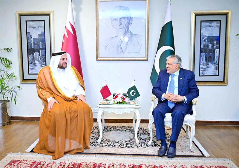 Deputy Prime Minister and Foreign Minister Senator Mohammad Ishaq Dar welcomes the Minister of the State of Qatar, Dr. Mohammad bin Abdulaziz Al-Khulaifi at Ministry of Foreign Affairs