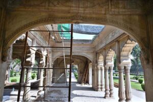 Construction work underway for the restoration of the (Baradaree) between Badshahi Mosque and Shahi Qila (Lahore Fort)