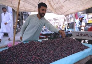 A vendor is busy displaying and arranging seasonal fruit (falsa) for customers at his road side setup.