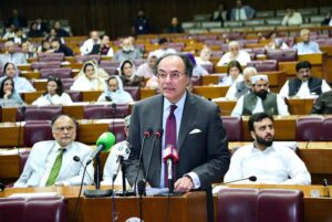 Minister for Finance and Revenue Senator Muhammad Aurangzeb addressing to wind up the Federal Budget 2024-2025 in the National Assembly of Pakistan.