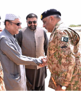 President Asif Ali Zardari being welcome by Chief Minister Balochistan Mir Sarfraz Ahmed Bugti and Commander 12 Corps Lt General Rahat Naseem Ahmed Khan, upon his arrival