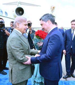 Prime Minister Muhammad Shehbaz Sharif is being received by the Prime Minister of Kazakhstan H.E. Olzhas Bektenov at Nur Sultan Nazarbayev International Airport.