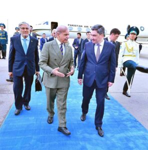 Prime Minister Muhammad Shehbaz Sharif is being received by the Prime Minister of Kazakhstan H.E. Olzhas Bektenov at Nur Sultan Nazarbayev International Airport.