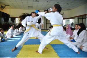 Karate players are in action during training class of Judo Karate at Qayyum Sports Complex.