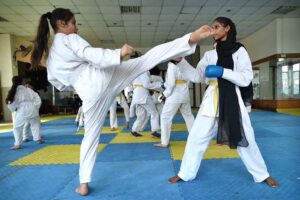 Karate players are in action during training class of Judo Karate at Qayyum Sports Complex.