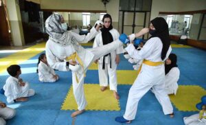 Karate players are in action during training class of Judo Karate at Qayyum Sports Complex.