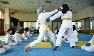 Karate players are in action during training class of Judo Karate at Qayyum Sports Complex.