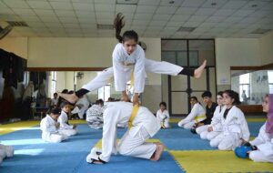 Karate players are in action during training class of Judo Karate at Qayyum Sports Complex.