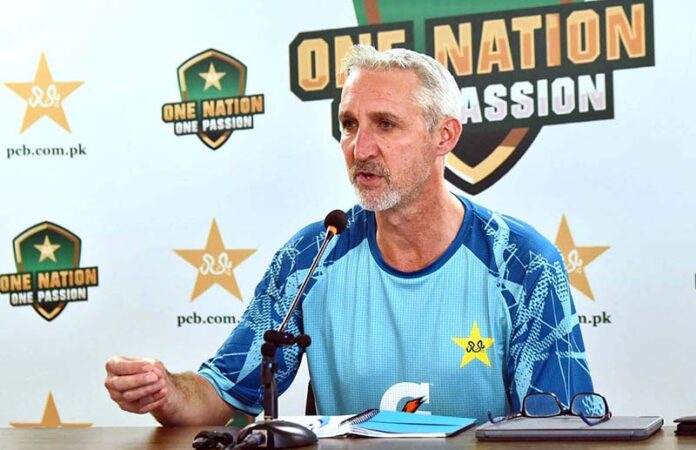 Pakistan Men’s red-ball Head Coach Jason Gillespie addressing a press conference at the National Bank Stadium