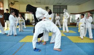 Karate players are in action during training class of Judo Karate at Qayyum Sports Complex.