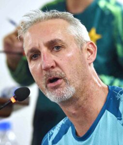 Pakistan Men’s red-ball Head Coach Jason Gillespie addressing a press conference at the National Bank Stadium