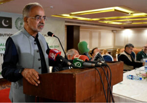 Federal Secretary IPC Nadeem Irshad Kayani addressing at prize distribution ceremony among players of AVC Challenger Cup-2024 CAVA U-18 Volleyball Championship-2024