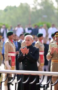 Prime Minister Muhammad Shehbaz Sharif laying a floral wreath at the Yadgar-e-Shuhada in the Pakistan Monument on the 78th Independence Day