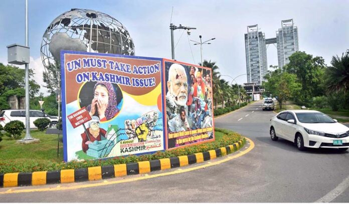 To observe “Youm-e-Istehsal”, banners and panaflexs displayed in front of Parliament House against Indian Government’s decision of revocation of the special status of disputed territory of Indian Illegally Occupied Jammu & Kashmir (IIOJK)