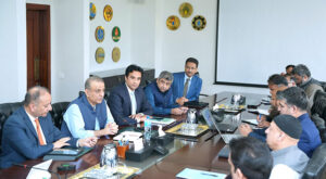 Chairman Prime Minister’s Steering Committee on Gem & Stones and Federal Minister for Privatization, Board of Investment and Communications, Abdul Aleem Khan presides over a meeting.