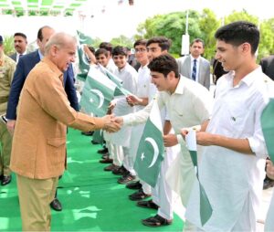 Prime Minister Muhammad Shehbaz Sharif interacts with young students at an event organised to celebrate the International Youth Day.