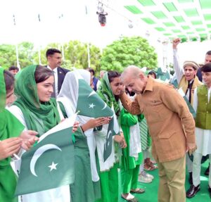 Prime Minister Muhammad Shehbaz Sharif interacts with young students at an event organised to celebrate the International Youth Day.