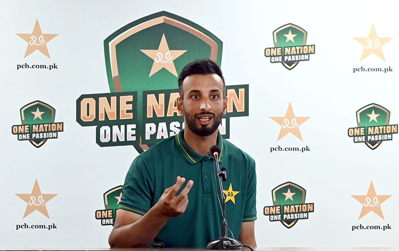 Pakistan's cricket captain, Shan Masood, addresses the media during a