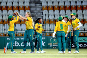 South Africa Women team bowler in action during second T20 International Cricket match playing against Pakistan women team at Multan Cricket Stadium