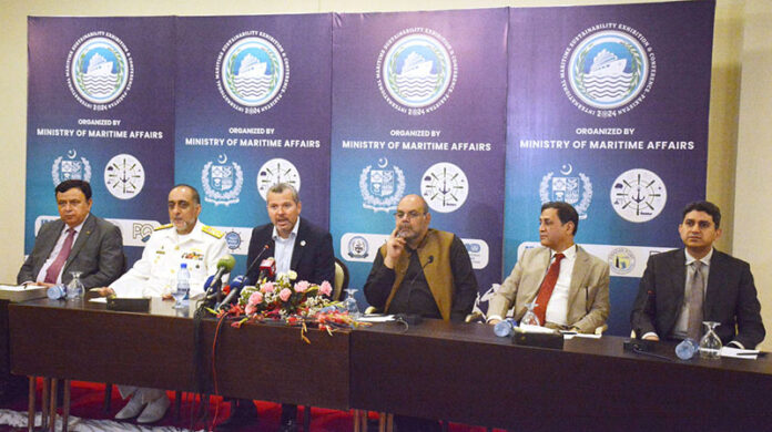 Secretary General of International Maritime Organization (IMO) Arsenio Dominguez answering the questions of journalists during a press briefing on the conclusion of International Maritime Sustainability Exhibition and Conference Pakistan 2024 at a local hotel