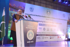 Additional Secretary of Ministry of Maritime Affairs Umer Zafar addressing the International Maritime Sustainability Exhibition and Conference Pakistan 2024 at a local hotel