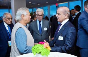 Chief Advisor (Head of Government) of the Interim Governmemt of Bangladesh Dr. Muhammad Yunus receives Prime Minister Muhammad Shehbaz Sharif at the reception to commemorate 50th Anniversary of Bangladesh's membership in the United Nations.