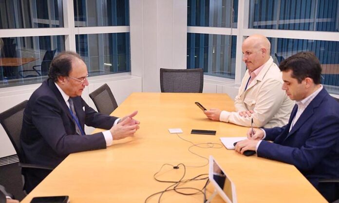 Federal Minister for Finance and Revenue Senator Muhammad Aurangzeb gives an interview to the French News Agency- AFP, during his visit to US for the WB/IMF annual meetings 2024