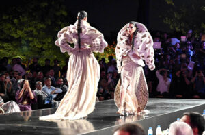 Model walks the ramp during the fashion presentation at the inauguration of the Pakistan Institute of Fashion and Design (PIFD) at Mohatta Palace, Museum Karach.