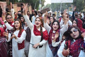 Women participate in a rally in connection with upcoming Sindhi Culture Day outside Press Club