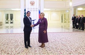 Speaker National Assembly, Sardar Ayaz Sadiq being greets on arrival at Russian Federation Council by Speaker, Ms. Valentina Matviyenko