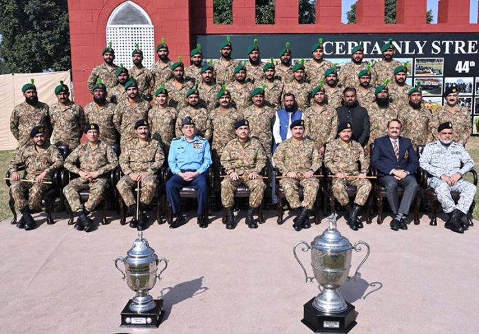 General Syed Asim Munir, NI (M), Chief of Army Staff (COAS) and Chief of the Air Staff, Air Chief Marshal Zaheer Ahmed Baber Sidhu, NI (M) in a group photo with the participants at the Closing Ceremony of 44th Pakistan Army Rifle Association (PARA) Central Meet at the Army Marksmanship Unit