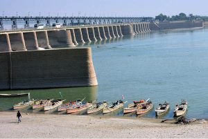 A view of boats parked at the bank of River Indus.