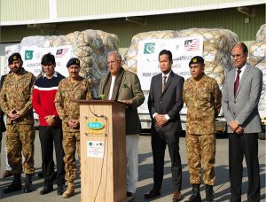 The departure ceremony of humanitarian assistance consignment for flood affectees of Malaysia held today at Islamabad International Airport. Chartered plane will likely to take off tomorrow from Islamabad to Kuala Lumpur Malaysia